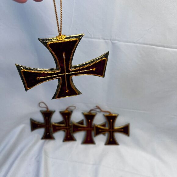 Christmas Ornaments German Cross Set of 5 Red Velvet Gold Trim - Picture 2 of 7